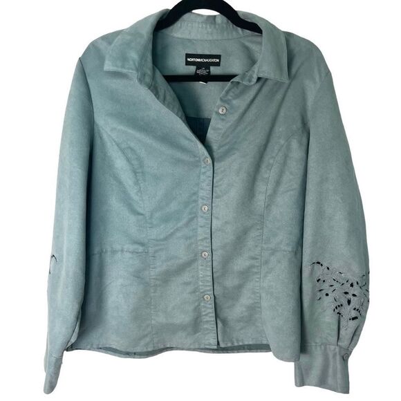 Norton Mcnaughton Light Blue Faux Suede Button Up Eyelet Detail Button Up Shirt - Picture 1 of 9